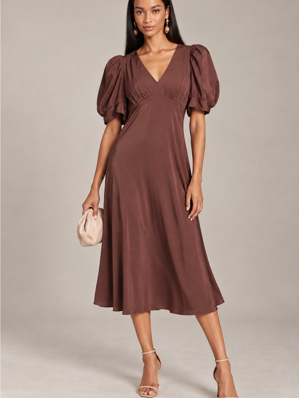 Current Air V-Neck Puff Sleeve Midi Dress in Chocolate Brown